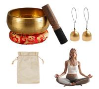 Ensemble de bols chantants tibétains en laiton, 8,6 cm de diamètre, livré avec une base en bois, 2 clochettes en laiton et un sac de rangement, pour yoga, méditation (blanc 1 ensemble)