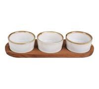 Ensemble de bols de service en porcelaine, support en acacia