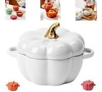 Ensemble de bols en forme de citrouille avec couvercle et poignée, 425,2 g, jolie casserole à dessert en céramique, cocotte en poterie, vaisselle décorative pour Thanksgiving et Halloween (blanc)
