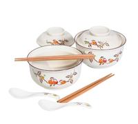 Ensemble de bols Ramen en céramique 800 ml avec couvercle, cuillère et baguettes, grands bols à soupe japonais vintage bol de nouilles instantanées vaisselle asiatique (Oiseau*2)