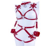 Ensemble de bondage en cuir rouge avec sangles et nœuds pour jeux SM érotiques Bdsm Poitrine Menottes Ensemble soutien-gorge Lingerie sexy pour femme, rouge, taille unique