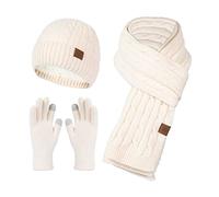 Ensemble de bonnet, écharpe et gants en tricot pour femmes, doublé de polaire, résistant au froid, garniture chaude, lot de trois pièces, écharpe et bonnet (beige, taille unique)