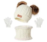 Ensemble de Bonnet, Écharpe, Gants 3 en 1 pour Enfants Bonnet Hiver en Tricot Thermique avec Pompon, Tour de Cou avec Doublure, Hiver Accessoires Set pour Enfants Fille Garçon 2 à 6 Ans (Blanc)