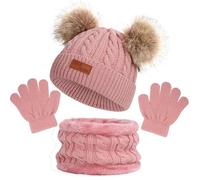 Ensemble de Bonnet, Écharpe, Gants 3 en 1 pour Enfants Bonnet Hiver en Tricot Thermique avec Pompon, Tour de Cou avec Doublure, Hiver Accessoires Set pour Enfants Fille Garçon 2 à 6 ans (Rose)