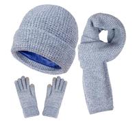 Ensemble de bonnets pour femme - Écharpe chaude avec gants - Motif batik - Tricoté - Bonnet de vélo - Bonnet de ski - Tricot - Coupe-vent - Casquettes de baseball pour adultes - Gants moelleux, bleu