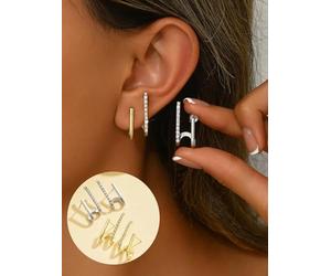 Ensemble de boucles d'oreilles à barre géométrique pour femme, boucles d'oreilles à tige incurvées dorées et argentées avec strass, ensemble de bijoux tendance minimalistes pour un usage quotidien et