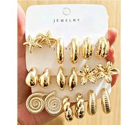 Ensemble de boucles d'oreilles de luxe de niche en métal multi-paires, boucles d'oreilles créoles polyvalentes avec design spirale d'étoile de mer et de frangipanier de l'océan, convenant pour les voy