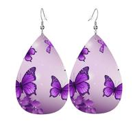 Ensemble de boucles d'oreilles en cuir avec papillons violets pour femme - Boucles d'oreilles pendantes légères et uniques - Style bohème - En forme de goutte d'eau - Accessoires de mode - Cadeaux