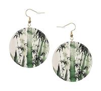 Ensemble de boucles d'oreilles en cuir imprimé peinture chinoise de bambou pour femme, 1 paire de boucles d'oreilles légères bohèmes percées, bijoux cadeau pour femmes et filles