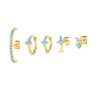 Ensemble de boucles d'oreilles en cuivre plaqué or bohomian bleu 5pcs-hypoallergénique petits cerceaux et clous d'orchidée avec cubiques, bijoux floraux multiples piercing pour femme, boucles d'oreill