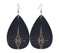 Ensemble de boucles d'oreilles en forme de larme en cuir avec tour Eiffel à Paris la nuit - Légères et bohèmes - Cadeau pour femme et fille
