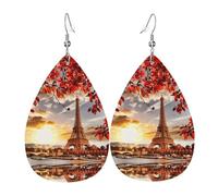 Ensemble de boucles d'oreilles en forme de tour Eiffel de Paris avec feuilles d'automne et boucles d'oreilles en cuir en forme de larme légères et bohèmes