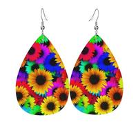 Ensemble de boucles d'oreilles en forme de tournesol arc-en-ciel en forme de larme, boucles d'oreilles pendantes en cuir tendance pour femme, cadeau d'anniversaire