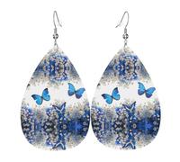 Ensemble de boucles d'oreilles légères en forme de goutte en cuir avec papillons bleus et fleurs blanches, cadeau pour femme et fille