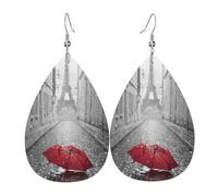 Ensemble de boucles d'oreilles légères en forme de larme en cuir avec motif Tour Eiffel Paris rue rouge parapluie rouge
