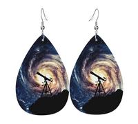 Ensemble de boucles d'oreilles légères en forme de larme en cuir avec télescope - Motif galaxie spatiale - Cadeau pour femme et fille