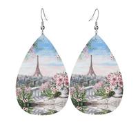 Ensemble de boucles d'oreilles légères en forme de tour Eiffel de Paris avec fleurs, en cuir, en forme de larme, pour femme et fille