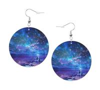 Ensemble de boucles d'oreilles rondes en cuir avec motif aurores boréales du Nord - 1 paire de boucles d'oreilles pendantes élégantes en cuir - Pour femme - Bijoux cadeaux, One Size, Polyester