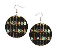Ensemble de boucles d'oreilles rondes en cuir avec motif guitare artistique - 1 paire de boucles d'oreilles pendantes élégantes en cuir - Pour femme - Bijoux cadeaux, One Size, Polyester