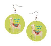Ensemble de boucles d'oreilles rondes en cuir avec motif lama et cactus - 1 paire de boucles d'oreilles pendantes élégantes en cuir - Pour femme, One Size, Polyester