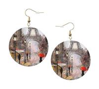Ensemble de boucles d'oreilles rondes en cuir avec motif Rainy Street In Paris - 1 paire de boucles d'oreilles pendantes élégantes en cuir - Pour femme - Bijoux cadeaux, One Size, Polyester