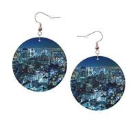 Ensemble de boucles d'oreilles rondes en cuir imprimé Tokyo City - 1 paire de boucles d'oreilles pendantes élégantes en cuir - Pour femme - Bijoux cadeaux, One Size, Polyester