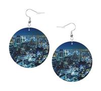 Ensemble de boucles d'oreilles rondes en cuir imprimé Tokyo City - 1 paire de boucles d'oreilles pendantes élégantes en cuir - Pour femme - Bijoux cadeaux, One Size, Polyester