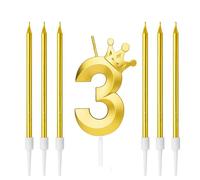 Ensemble de Bougies D'anniversaire,Bougie Anniversaire Métallique Bougie Numéro 3 avec 6 Bougies Longues,Bougies D'anniversaire pour Gâteau pour Filles,Garçons,Décorations de Fête D'anniversaire