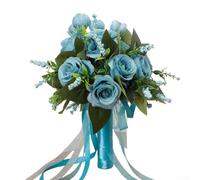 Ensemble de bouquets de mariée artificiels - Roses en soie réalistes pour mariée tenant un bouquet à l'église pour décoration et fête d'anniversaire de mariage Bleu lac 26 cm