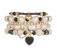 Ensemble de bracelets bohèmes multicouches empilables avec fausses perles et pendentif en forme de cœur en cristal de zircon pour femme, faits à la main, pour l'été, la plage, etc, Adjustable, Métal