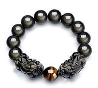Ensemble de bracelets, Tête inclinée Feng Shui Double Pi Xiu/Pi Yao perlée | Bracelet en obsidienne dorée naturelle, œil de tigre jaune, pierres précieuses, perles réglables