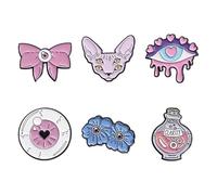 Ensemble de broches créatives en alliage | Badge unique de dessin animé avec tête de chat, nœud, œil qui coule, bouteille de potion, fleurs bleues et globe oculaire | Accessoires tendance pour vestes