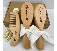 Ensemble De Brosses À Cheveux Bébé En Bois Gravées Personnalisées, 3 Peignes Naturels Avec Logo, Cadeau Naissance, Kit Toilettage For Nouveau-nés Et Tout-petits, Noël