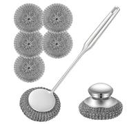Ensemble de brosses robustes en acier inoxydable - Manche long et court avec 5 tampons en laine d'acier, fonte et récureur pour vaisselle, poêles, grills, poêles