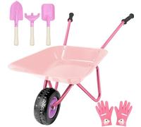 Ensemble de brouette en métal pour enfants avec pelle, râteau, pour l'extérieur, l'éducation, la ferme, le jardinage, le jeu, le jeu (rose)