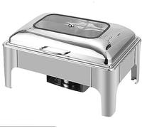 Ensemble de buffet de pot chaude en acier inoxydable - Assiette chaude de nourriture ronde avec couvercle de vue en verre et porte-couvercle intégré pour les fêtes, les dîners et les restaurants,