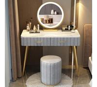 Ensemble de bureau de maquillage en bois gris clair avec miroir LED et tabouret rembourré, armoire latérale, grand tiroir, coiffeuse élégante pour chambre à coucher et dressing (100,1 cm)