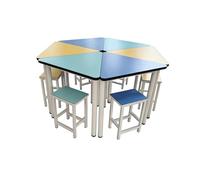 Ensemble de bureau d'étudiant hexagonal modulaire, table de groupe collaborative colorée avec tabourets, options de grain de bois multicolores, for salle de classe, laboratoire et école à domicile(C)
