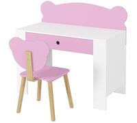 Ensemble de bureau pour enfants - Rose - Bois - 80x41x74,5 cm - Tiroir intégré - Chaise incluse - Forme d'ours