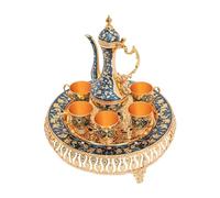Ensemble de Cafetière Turque - Service à Thé et Samovar Russe en Métal avec 6 Tasses à Café de Luxe et Plateau Fabriqué à la Main - Pour Décoration de Table (Doré)