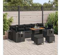 Ensemble De Canapé De Jardin 10 Pièces Avec Coussins Noir En Rattan Poly Acacia, Ensemble De Salle À Manger De Jardin 3 Pièces Avec Coussins Noir En Rattan Poly Acacia