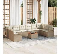 Ensemble De Canapé De Jardin 11 Pièces Avec Coussins Beige Poly Rattan Acacia, Canapé De Jardin 2 Places Avec Rangement & Coussins Beige Poly Rattan