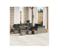 Ensemble de canapé de jardin 14 pièces avec coussins Gris Poly Rattan Acacia, Ensemble de salle à manger de jardin 4 pièces ave