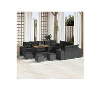 Ensemble de Canapé de Jardin 14 pièces avec Coussins Noir Poly Rotin Acacia, Ensemble Salle à Manger Jardin 4 pièces 3364019