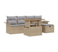 Ensemble de Canapé de Jardin 6 Pc Beige Polyrotin et Bois d'Acacia | Pieds en acier, accoudoirs droits étroits, hauteur réglable, détente en solo, rassemblements sociaux, jardins, terrasses