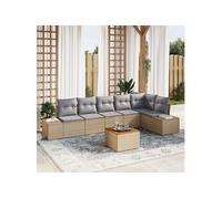 Ensemble de canapé de jardin 7 pièces avec coussins beige en poly rotin