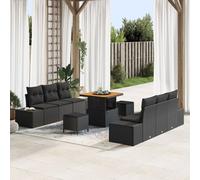 Ensemble De Canapé De Jardin 9 Pièces Avec Coussins En Rattan Poly Noir Acacia, Canapé De Jardin 2 Places Avec Coussins En Rattan Poly Noir, Ensemble De Salle À Manger De Jardin 3 Pièces Avec Coussins