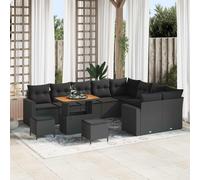 Ensemble De Canapé De Jardin De 12 Pièces Avec Coussins En Rotin Poly Noir Acacia, Ensemble De Salle À Manger De Jardin De 3 Pièces Avec Coussins En Rotin Poly Noir Acacia