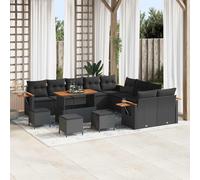 Ensemble De Canapé De Jardin 14 Pièces Avec Coussins Noir Poly Rattan Acacia, Ensemble De Salle À Manger De Jardin 4 Pièces Avec Coussins Noir Poly Rattan Acacia