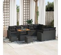 Ensemble De Canapé De Jardin De 12 Pièces Avec Coussins En Rotin Poly Noir Acacia, Ensemble De Salle À Manger De Jardin De 3 Pièces Avec Coussins En Rotin Poly Noir Acacia